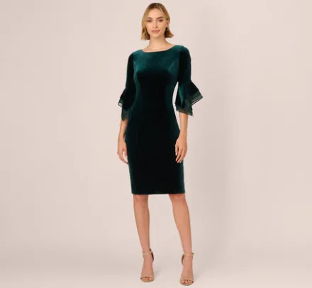 Adrianna Papell Wedding Guest Dresses|Day Dresses*Velvet Sheath Dress With Tiered Three Quarter Sleeves In