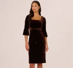 Adrianna Papell Wedding Guest Dresses|Day Dresses*Velvet Tie Front Sheath Dress With Bell Sleeves In Dark Brown