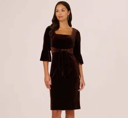 Adrianna Papell Wedding Guest Dresses|Day Dresses*Velvet Tie Front Sheath Dress With Bell Sleeves In Dark Brown