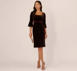 Adrianna Papell Wedding Guest Dresses|Day Dresses*Velvet Tie Front Sheath Dress With Bell Sleeves In Dark Brown