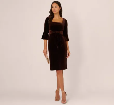 Adrianna Papell Wedding Guest Dresses|Day Dresses*Velvet Tie Front Sheath Dress With Bell Sleeves In Dark Brown