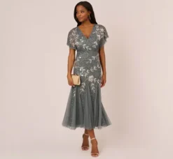 Adrianna Papell Wedding Guest Dresses|Grandmother Of The Bride & Groom*Vine Beaded Ankle Length Gown With Flutter Sleeves In Pewter Silver