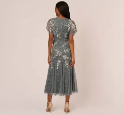 Adrianna Papell Wedding Guest Dresses|Grandmother Of The Bride & Groom*Vine Beaded Ankle Length Gown With Flutter Sleeves In Pewter Silver
