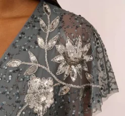 Adrianna Papell Wedding Guest Dresses|Grandmother Of The Bride & Groom*Vine Beaded Ankle Length Gown With Flutter Sleeves In Pewter Silver