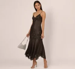 Adrianna Papell Wedding Guest Dresses*Vintage Beaded Fairy Ankle-Length Dress With Sharkbite Hem In Black Nude
