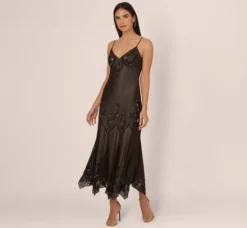 Adrianna Papell Wedding Guest Dresses*Vintage Beaded Fairy Ankle-Length Dress With Sharkbite Hem In Black Nude