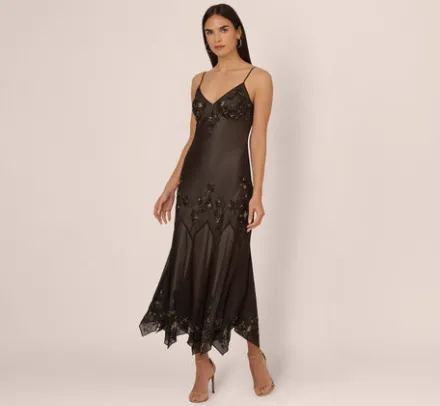 Adrianna Papell Wedding Guest Dresses*Vintage Beaded Fairy Ankle-Length Dress With Sharkbite Hem In Black Nude