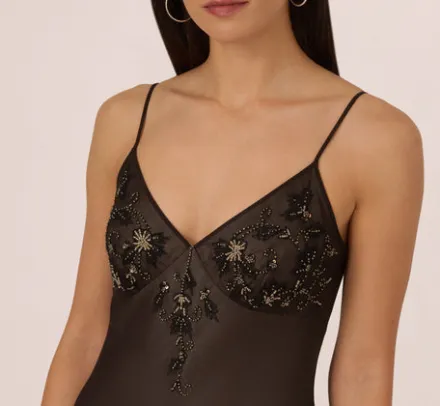 Adrianna Papell Wedding Guest Dresses*Vintage Beaded Fairy Ankle-Length Dress With Sharkbite Hem In Black Nude
