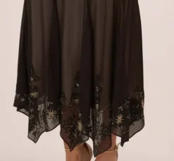 Adrianna Papell Wedding Guest Dresses*Vintage Beaded Fairy Ankle-Length Dress With Sharkbite Hem In Black Nude