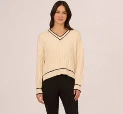 Adrianna Papell Tops & Blouses|Sweaters*V Neck High Low Cable Knit Sweater In Cream Blue Moon