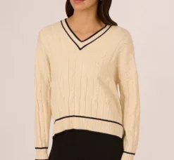 Adrianna Papell Tops & Blouses|Sweaters*V Neck High Low Cable Knit Sweater In Cream Blue Moon