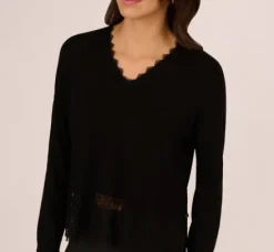Adrianna Papell Tops & Blouses|Sweaters*V Neck Lace Trim Twofer Sweater In
