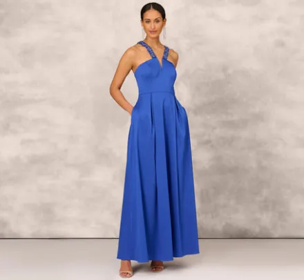 Adrianna Papell Wedding Guest Dresses|Formal Dresses*V-Neck Mikado Gown With Jewel Beaded Straps In Royal Sapphire