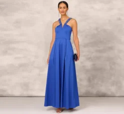 Adrianna Papell Wedding Guest Dresses|Formal Dresses*V-Neck Mikado Gown With Jewel Beaded Straps In Royal Sapphire