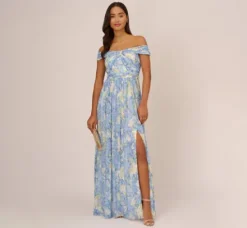 Adrianna Papell Wedding Guest Dresses|Formal Dresses*Watercolor Floral Print Gown With Off The Shoulder Neckline In Blue Multi